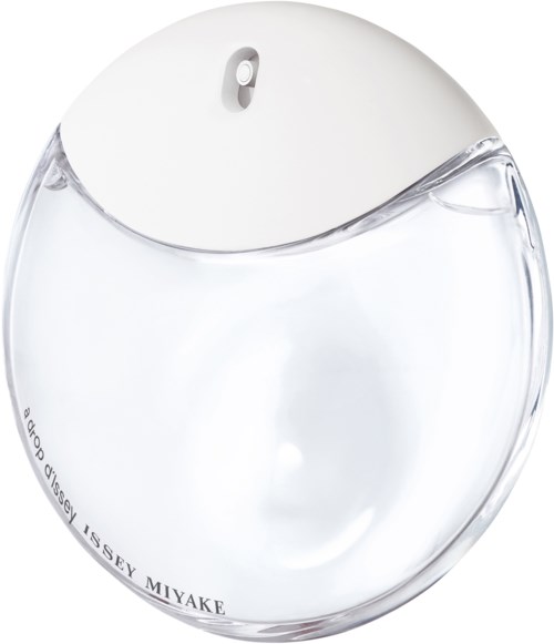 En genomskinlig parfymflaska i glas med vit lock och svart text, krokig form och minimalistisk design.