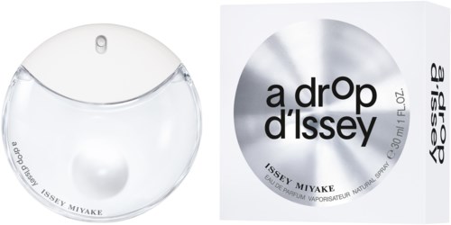 En klar rund parfymflaska och etikett med svart och grå text som säger 'a drop d'Issey' av Issey Miyake.