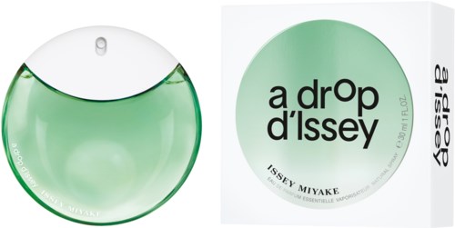 A perfume bottle next to its box, both featuring a green and white label with black text.