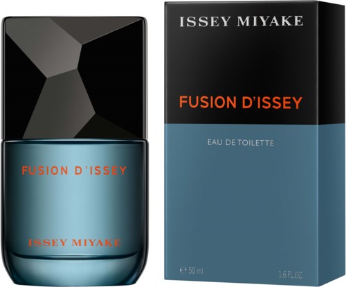 A perfume bottle and box, black and blue, with orange and white text, labeled Fuse D'Issey by Issey Miyake.