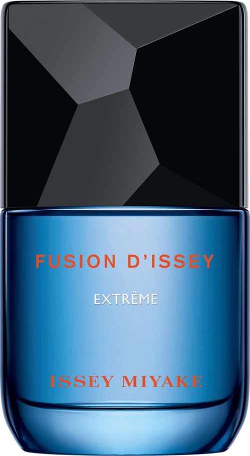 Ein Parfümflasche mit schwarzem und blauem Design, gekennzeichnet mit "FUSION D'ISSEY EXTREME ISSEY MIYAKE."