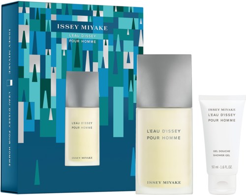 Et duftsett med en stor boks, to flasker og en liten tube, alle merket 'L'EAU D'ISSEY POUR HOMME' av Issey Miyake.