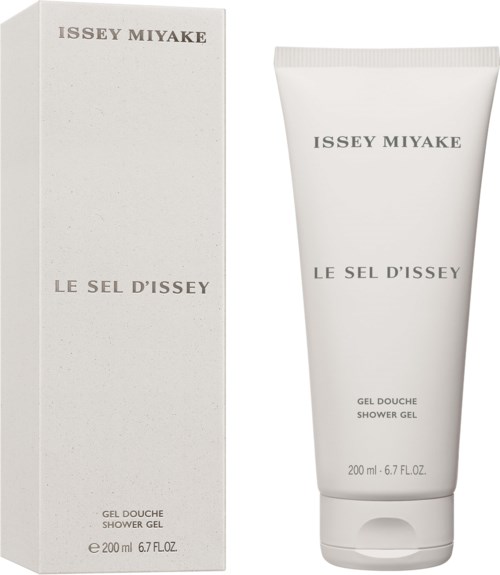 En vit förpackning och tub av Issey Miyake Le Sel D'Issey shower gel med enkel svart text.
