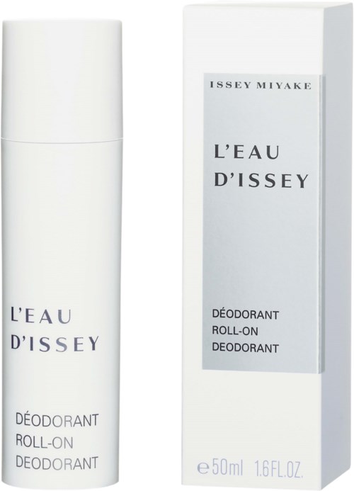 En vit deodorantflaska med tillhörande box, båda märkta L'EAU D'ISSEY, med en ren, minimalistisk design.