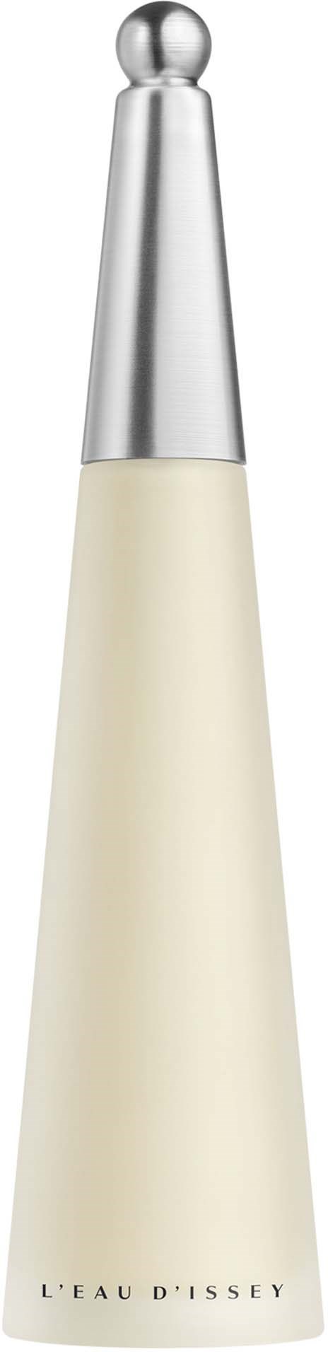 A tall, white bottle with a silver cap, narrow at the top, labeled 'L'EAU D'ISSEY'.
