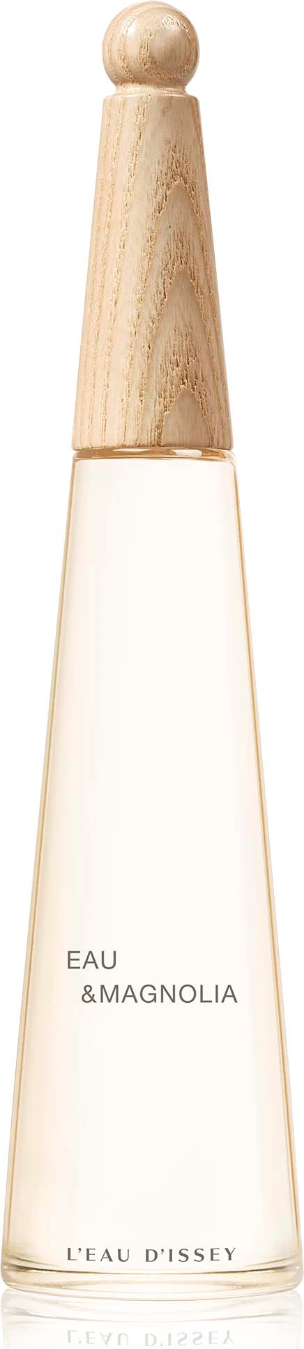 En parfyllåda i glas med en trälock, märkt 'EAU & MAGNOLIA' av L'EAU D'ISSEY.