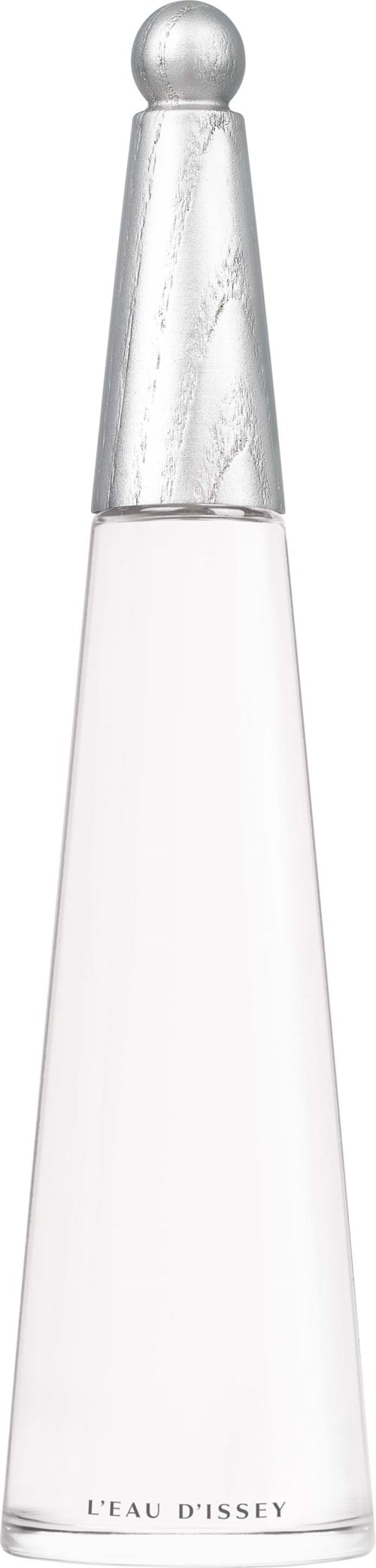 Ein langer, klarer Parfümflakon mit rundem Deckel und silberner Kappe, Beschriftung 'L'EAU DISSEY'.