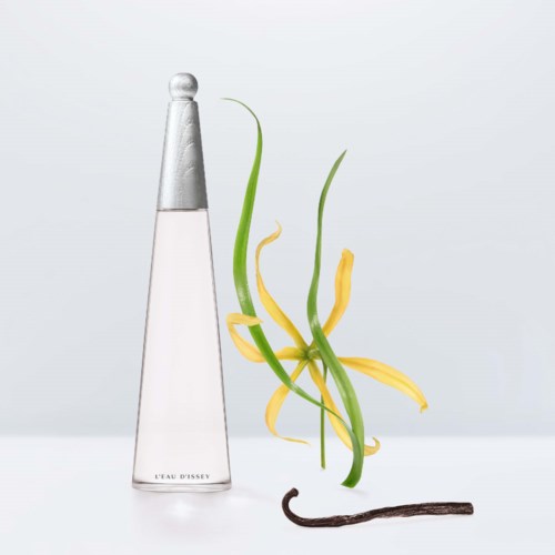 A perfume bottle and green and yellow plant-like elements with a vanilla pod on a white background.