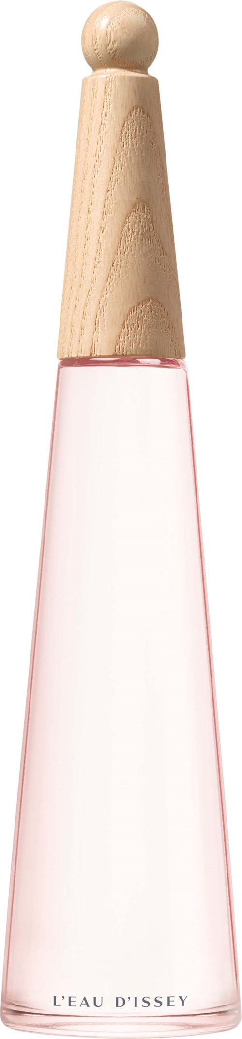 En parfymflaska med trälock, rosa tonat glas och etiketten 'L'EAU D'ISSEY'.