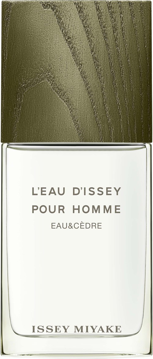 Ein Parfümflasche mit grünem, holzartigem Deckel und klarem Glas, das das Etikett 'L'EAU D'ISSEY POUR HOMME' von Issey Miyake zeigt.