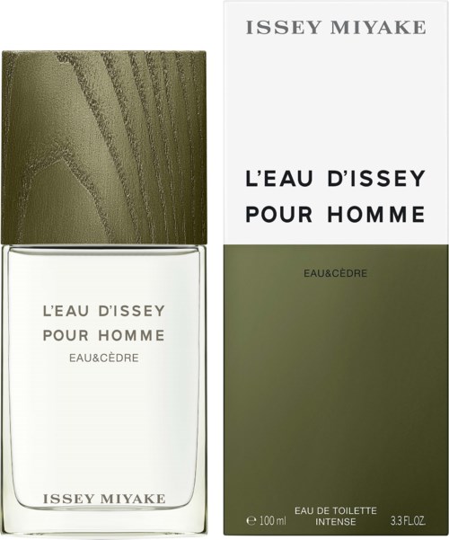 Ein Parfümflasche und Verpackung, grün und weiß, mit Text, der Marke Issey Miyake und Duftname L'eau d'Issey zeigt.