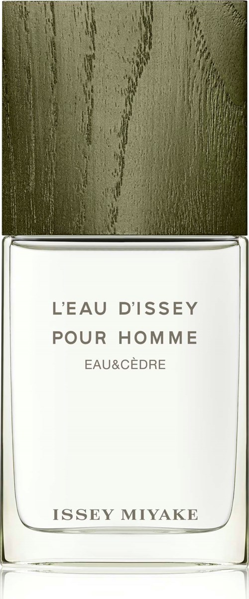 En parfymeflaske merket 'L'EAU D'ISSEY POUR HOMME' av Issey Miyake, plassert på en grønn trekant.