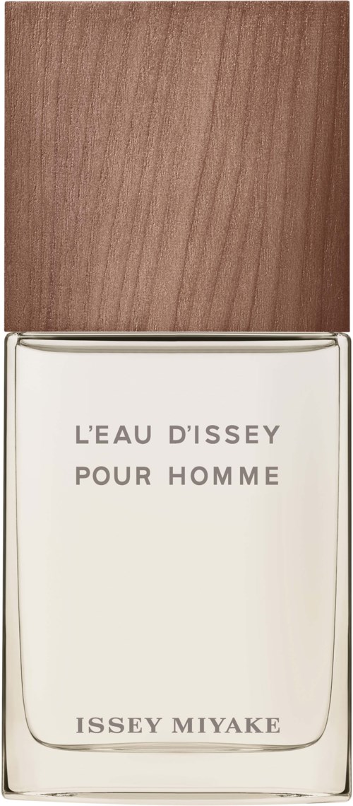 En parfymflaska med ett trälock och enkel etikett med texten 'L'eau d'Issey pour homme' av Issey Miyake.