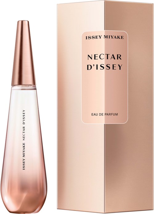 A perfume bottle with a matching box, pink and white colors, and the label 'Nectar d'Issey' by Issey Miyake.