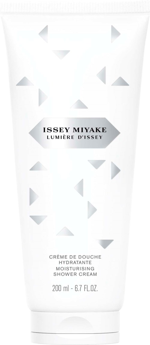 A white tube with geometric shapes, labeled Issey Miyake moisturising shower cream, 200 ml.