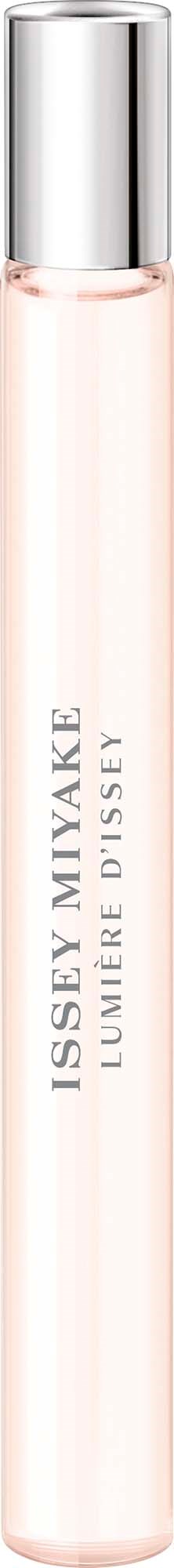 Eine rosa Parfümflasche mit silberner Kappe und Markennamen Issey Miyake Lumire Dissey.