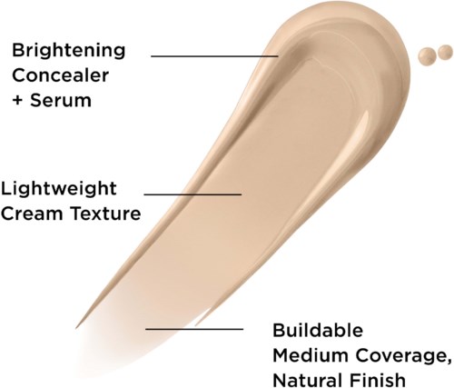 Et kosmetisk produkt med opplysende concealer og serum, lett kremkonsistens, byggbar middels dekkevne, naturlig finish.