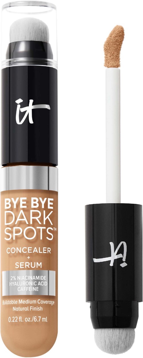 En concealer-serumstift i beige farge med en hvit påføring. Lokket er svart med hvitt merke.