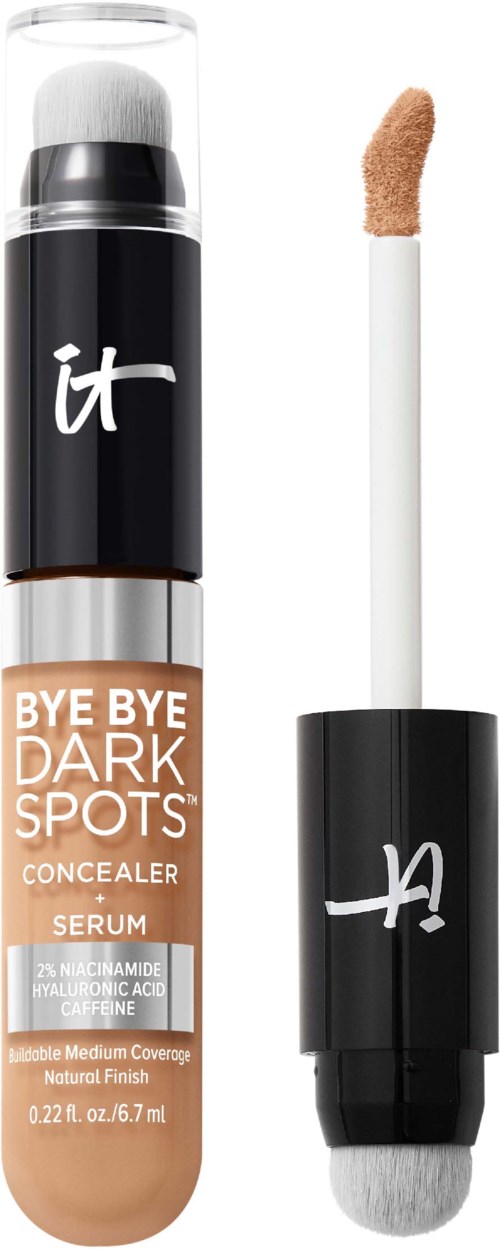 En concealertube med svampapplikator, merket 'Bye Bye Dark Spots', brukt for å dekke hudskavanker.