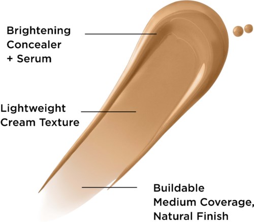 En foundationsminke-prøve viser lysende concealer, lett kremtekstur, byggbar dekning og naturlig finish.
