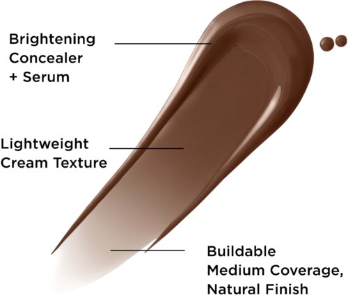 En makeup-oppviser viser en lys brun farge med en skinnende finish, merket med funksjoner som å forbedre, kremet tekstur og bygbar dekkevne.
