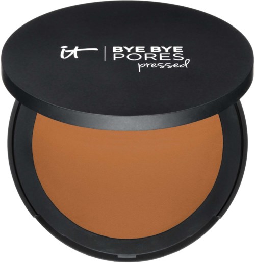 Round makeup compact with pressed powder and black lid, featuring the text "it BYE BYE PORES pressed".