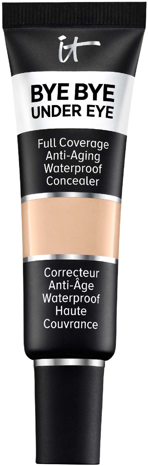 Ein schwarzer und beiger Tuben mit der Aufschrift 'Bye Bye Under Eye' für Abdeckcreme, verspricht wasserdicht, Anti-Aging, volle Abdeckung.
