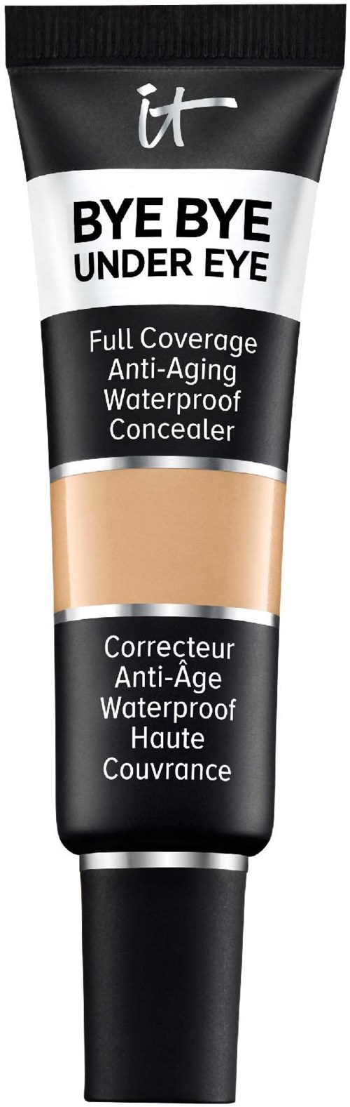 En sort tube af concealer til under øjet med hvid og beige emballage, mærket "Bye Bye Under Eye."