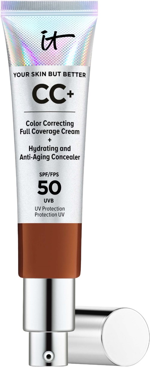 A tube of CC cream with SPF 50, labeled for skin improvement, color correction, hydration, and anti-aging. It has a brown and silver design.