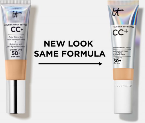 Två kosmetikträtter visar en ny look men samma formula för hudvård, med SPF 50+.