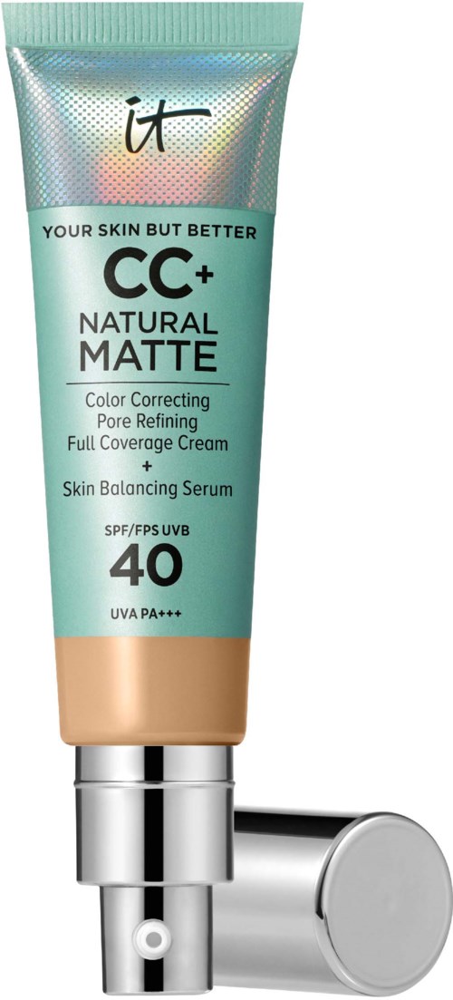 Tuba kremu BB z SPF 40 i ochroną UVA, oznaczona 'it' i 'CC+ Natural Matte,' stoi pionowo.