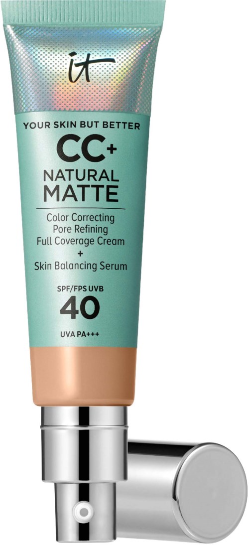 Tuba produktu do pielęgnacji skóry z SPF 40, oznaczona jako CC+ Natural Matte, i srebrny rozpylacz.