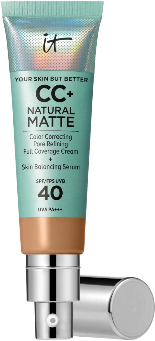H+it CC+ Natural Matte Foundation in einer Tube mit silberner Pumpe und beigem Deckel, für Hautabdeckung und UV-Schutz.