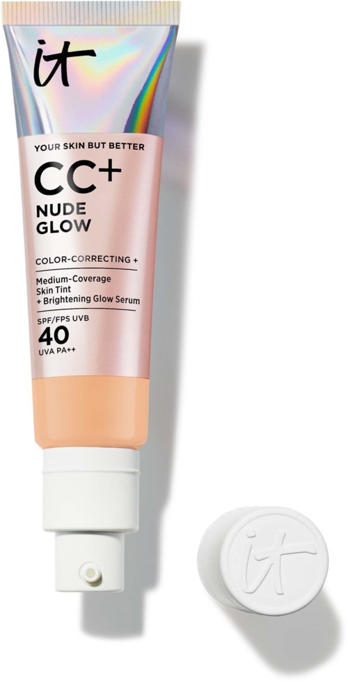 En tube med hudpleje-BB-cream med SPF 40 og en rund hætte ved siden af, i pastelfarver og reflekterende detaljer.