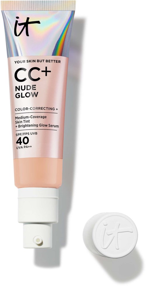 En CC+ krämrör med ena lagret bredvid, märkt 'Nude Glow', SPF 40, och hudfördelar nämnda.