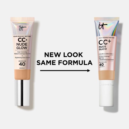 To tubes af hudplejeprodukter med lignende etiketter og en besked om nyt look med samme formel.