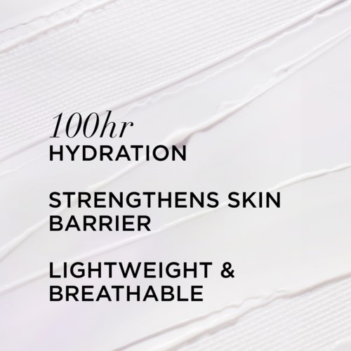 Text describing skincare benefits: hydration, skin barrier, lightweight and breathable, for 100-hour use.