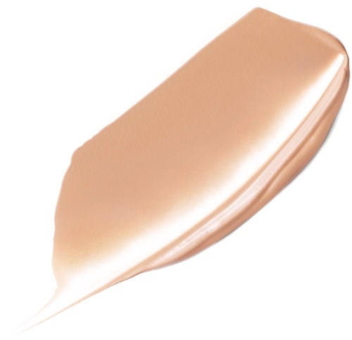 En prøvetype av beige foundation med glatt tekstur og litt buede kanter.