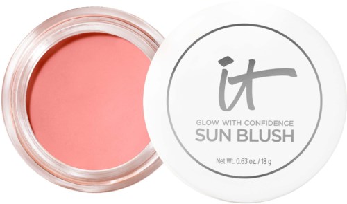 A round container of pink sun blush with a white lid showing gray text and logo.