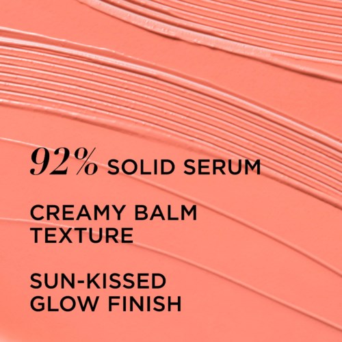 Text about skincare product: 92% solid serum, creamy balm texture, sun-kissed glow finish.