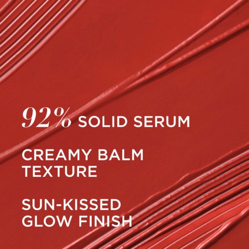 Text describing skincare product with high serum content, creamy texture, and glowing finish.