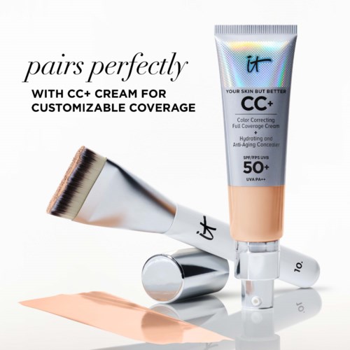 A skincare product tube with makeup brush and a dab of foundation, emphasizing coverage and sun protection.
