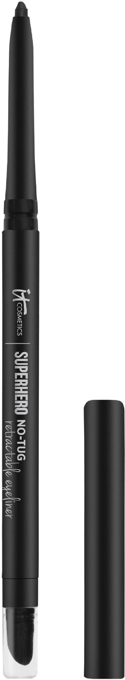 A black dual-tip pen with a cap, designed for writing and highlighting. The pen has white text on it.