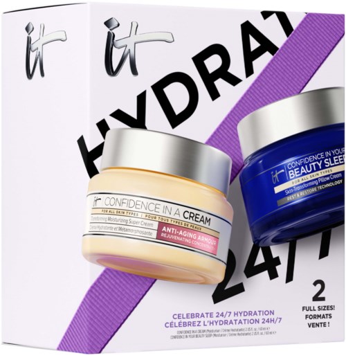 Two jars of skincare cream and a box saying '24/7 Hydration' for skin care, celebrating all skin types.