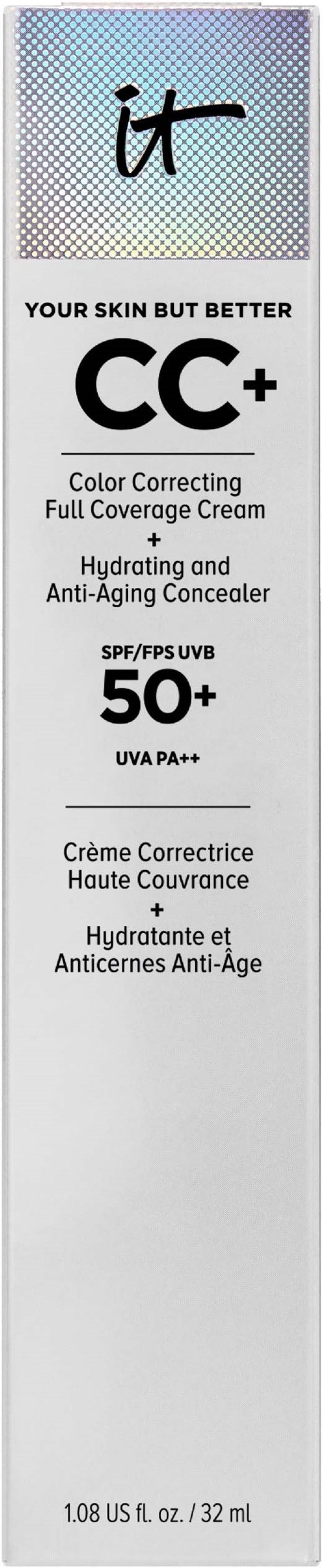 Het is een huidverzorgingsproductdoos met SPF 50+ en UVA-bescherming, aangeduid als CC+ voor kleurcorrectie en anti-aging.