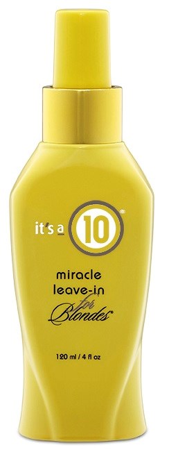 En gul flaska med leave-in-behandling för blonda, märkt 'it's a 10 miracle leave-in' för hårvård.