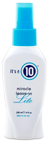 En vit sprayflaska med blå lock och etikett, kallad 'miracle leave-in Lite'. Den är 120 ml och tillverkad i USA.