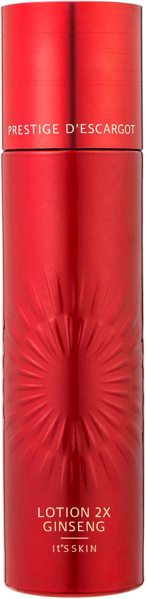 Red cylindrical bottle with text about ginseng lotion and skin care.