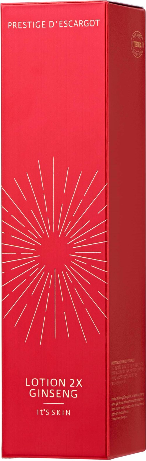 Red box with white burst design, labeled 'PRESTIGE D'ESCARGOT', contains ginseng lotion.