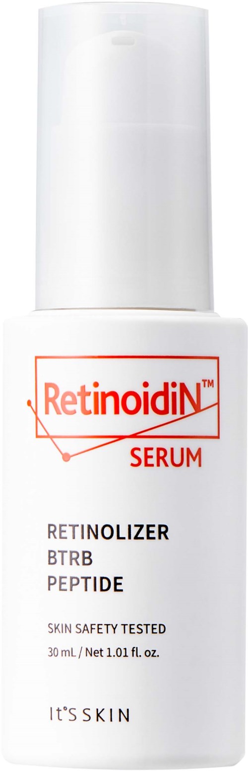 En vit flaska av Retinoidin serum, märkt som retinoliserare med testad hudsäkerhet, innehållande 30 ml.